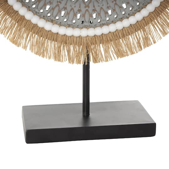 17.75" Gray Wooden Tribal Handmade Seagrass Fringed Decorative Sculpture with Black Base